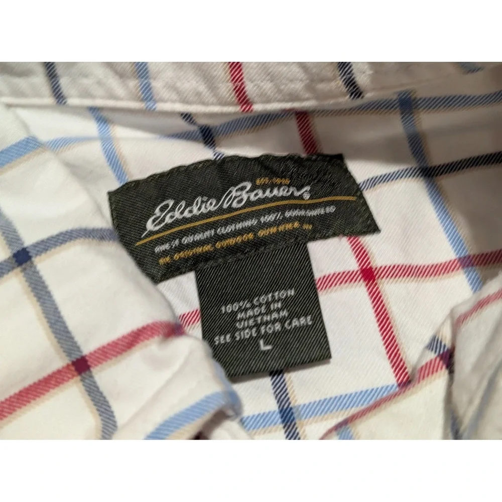 Eddie‎ Bauer Button Down Mens L White Red Blue Tattersall Plaid Cotton Shirt Top